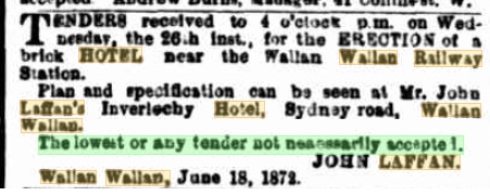 Laffan's Railway Hotel - Tender for Building - The Argus - June 21st, 1872