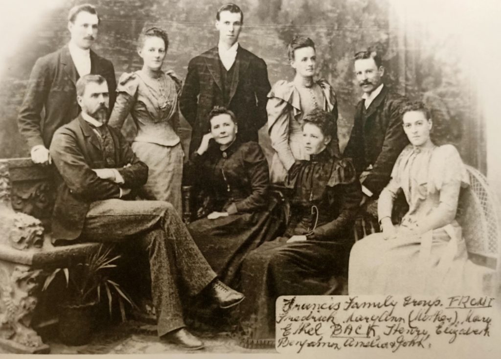 The Francis Family in 1888. Mrs Francis is seated in the centre, with daughter Mary Ann to her right. The others from the left are Henry, Frederick, Elizabeth, Benjamin, Amelia, John and Ethel.