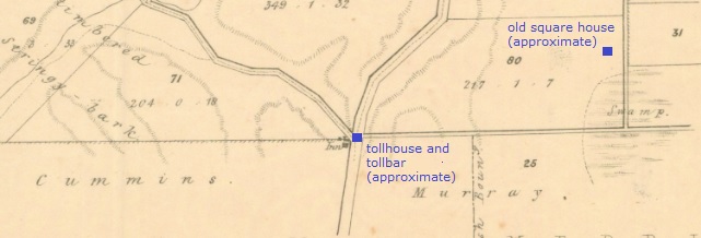 Tollhouse and tollbar in reference to Sutherland's "old square house" on allotment 80
