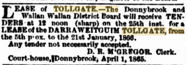 The Argus – 4th April, 1865. Lease of tollgate for tender.