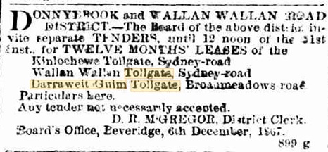 The Age - 9th December 1867. Lease of tollgate for tender. Tender won by John Sutherland.