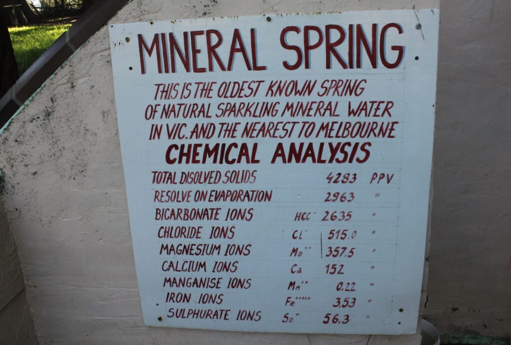 A more recent sign showing the chemical analysis at Donnybrook Springs