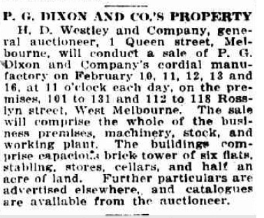 The Herald - February 5th, 1914 showing P. G. Dixon and Co. premises in Rosslyn street, West Melbourne being sold