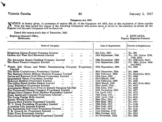 Victorian Gazette - January 5th, 1917 showing date of registration of "Donnybrook Mineral Springs Pty. Limited"