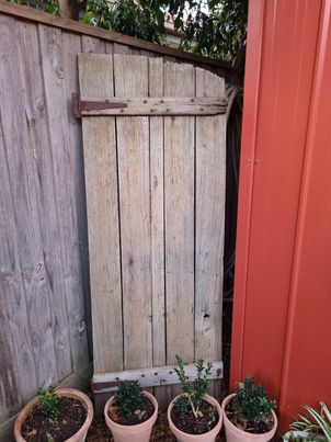 The front door of the hut stored safely at a private residence