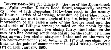 Donnybrook and Wallan Wallan District Road Board Land Reservation Notice - Victoria Government Gazette no. 7. January 20th, 1865