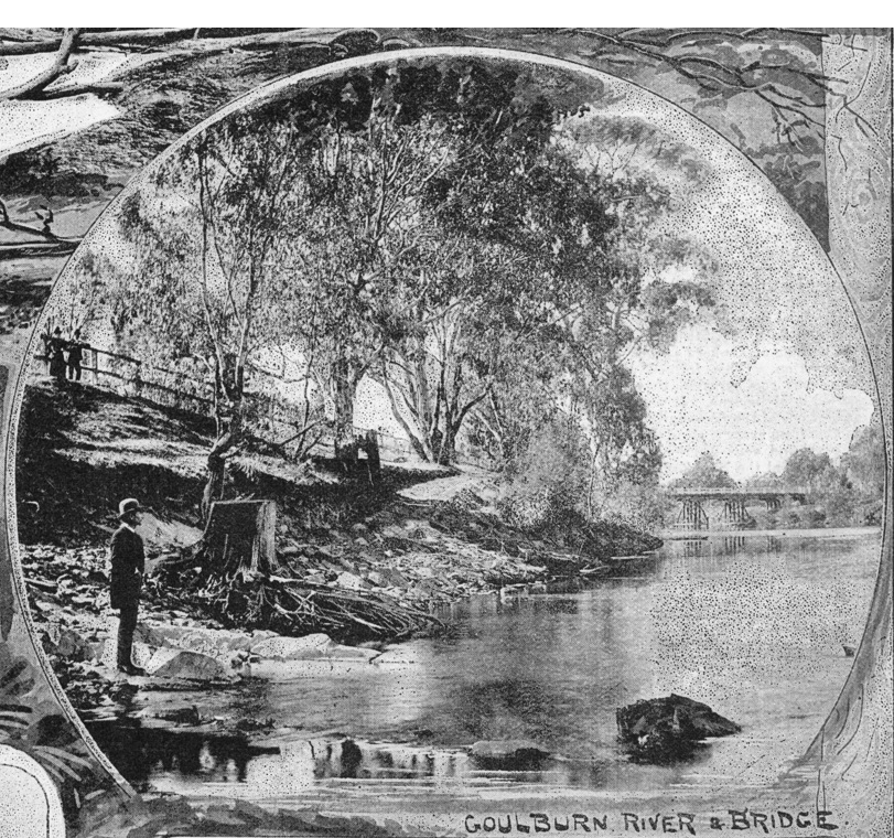 Bridge over the Goulburn river at Seymour which was funded by Patrick Hanna can be seen in the background - David Syme and Co. June 1st, 1894