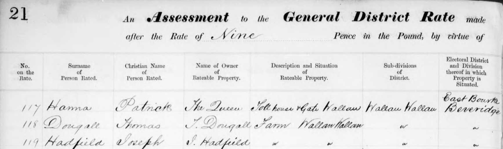 Rate Assessment from 1865 as recorded in the Donnybrook and Wallan Wallan rate book